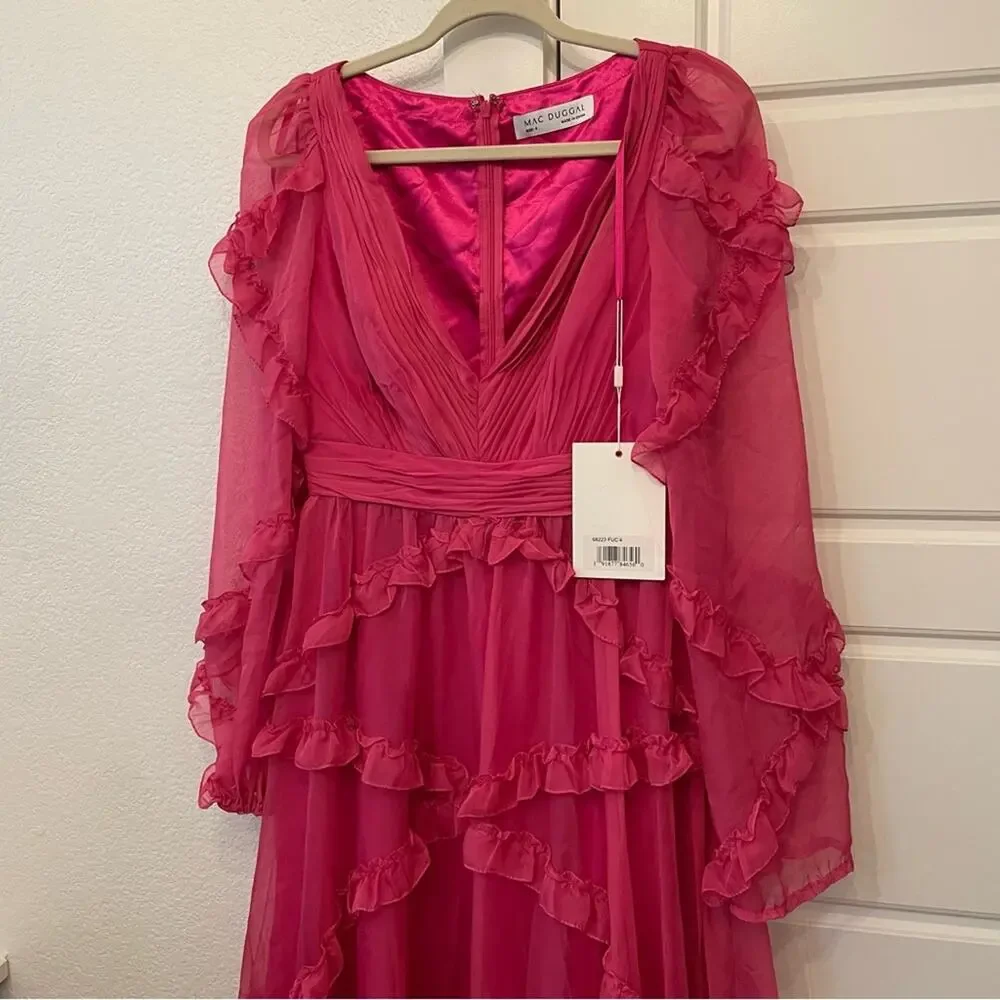 Mac Duggal A68223 Cascaded Ruffles Puff Sleeve Gown